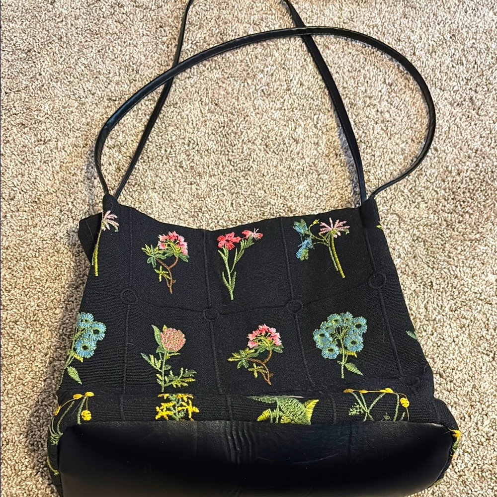Floral Embroidered Black Shoulder Bag